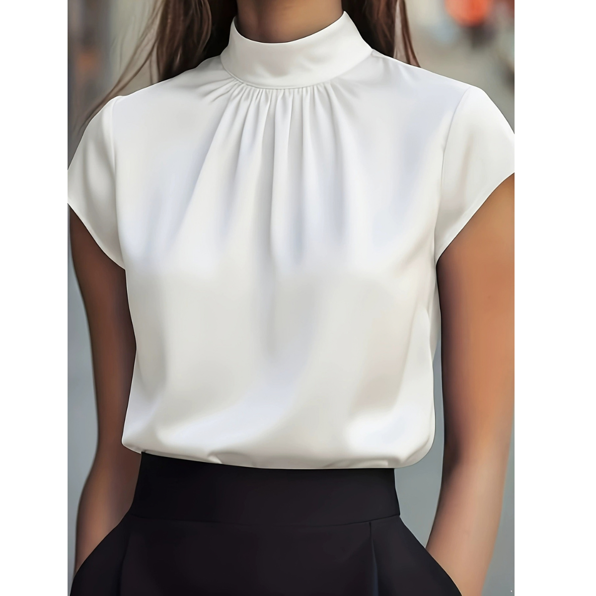 Blouse col montant plissé femme blanc