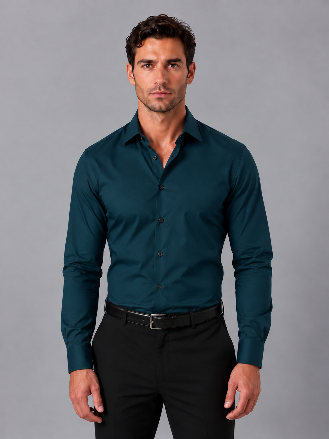 chemise homme coupe slim col classique boutons poignets en vert foncé