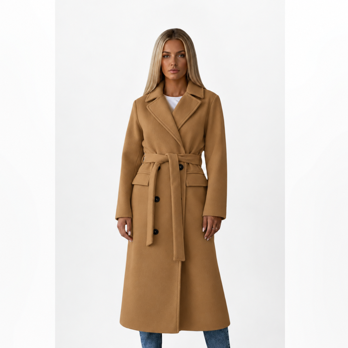 manteau femme long ceinturé croisé en camel