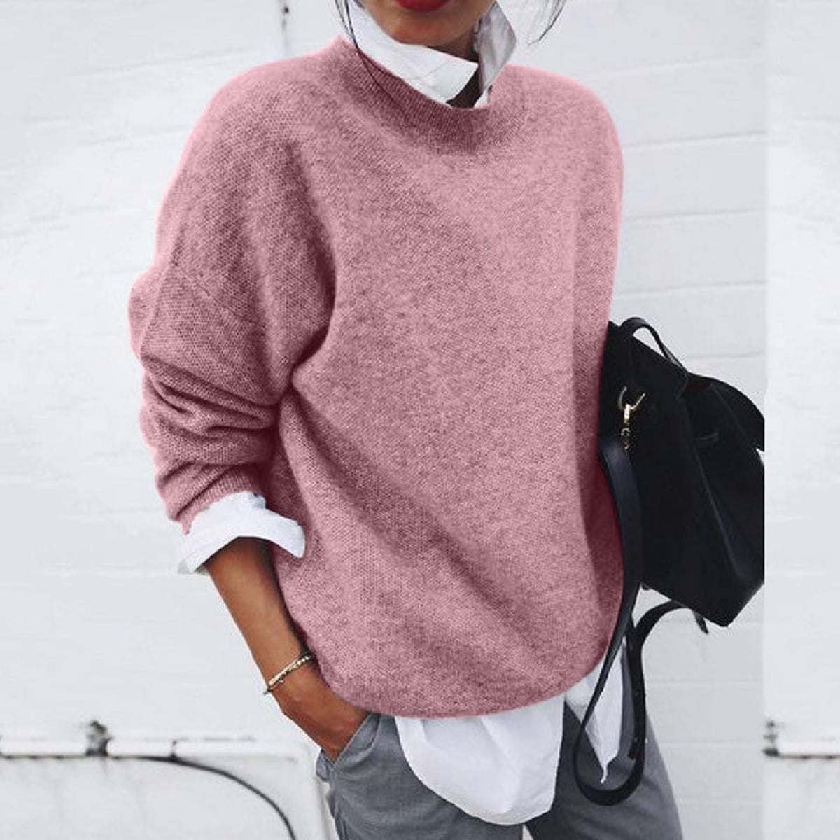 Pull en cachemire à col rond ajusté pour femme rose