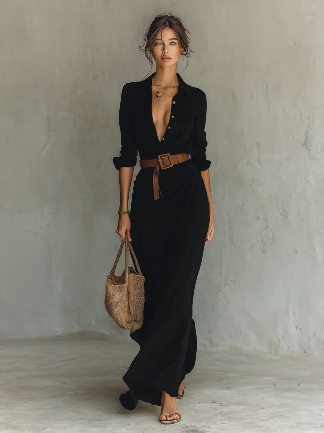 robe longue femme col chemise manches longues en noir