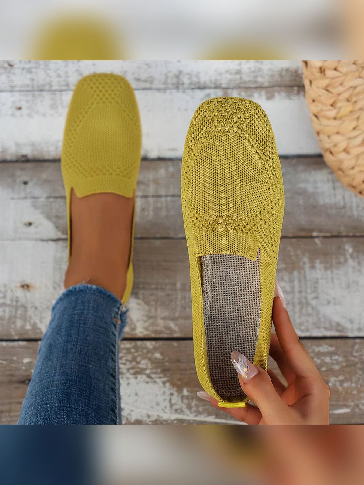 ballerine femme bout carré maille ajourée en jaune