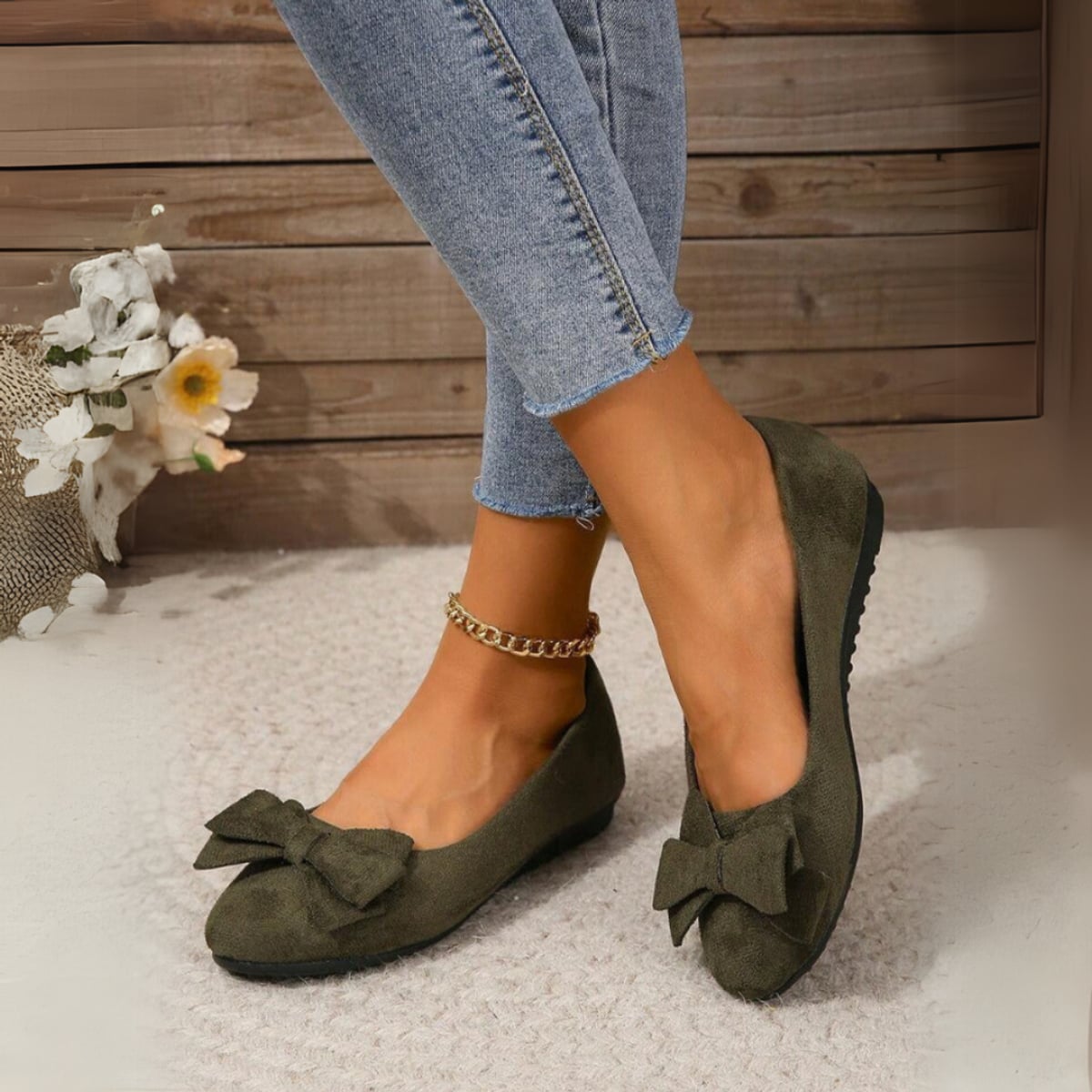 ballerine femme bout rond nœud en vert foncé