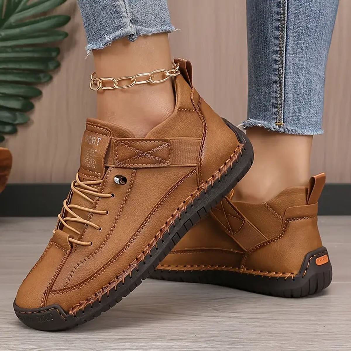 baskets femme lacets semelle cousue en marron