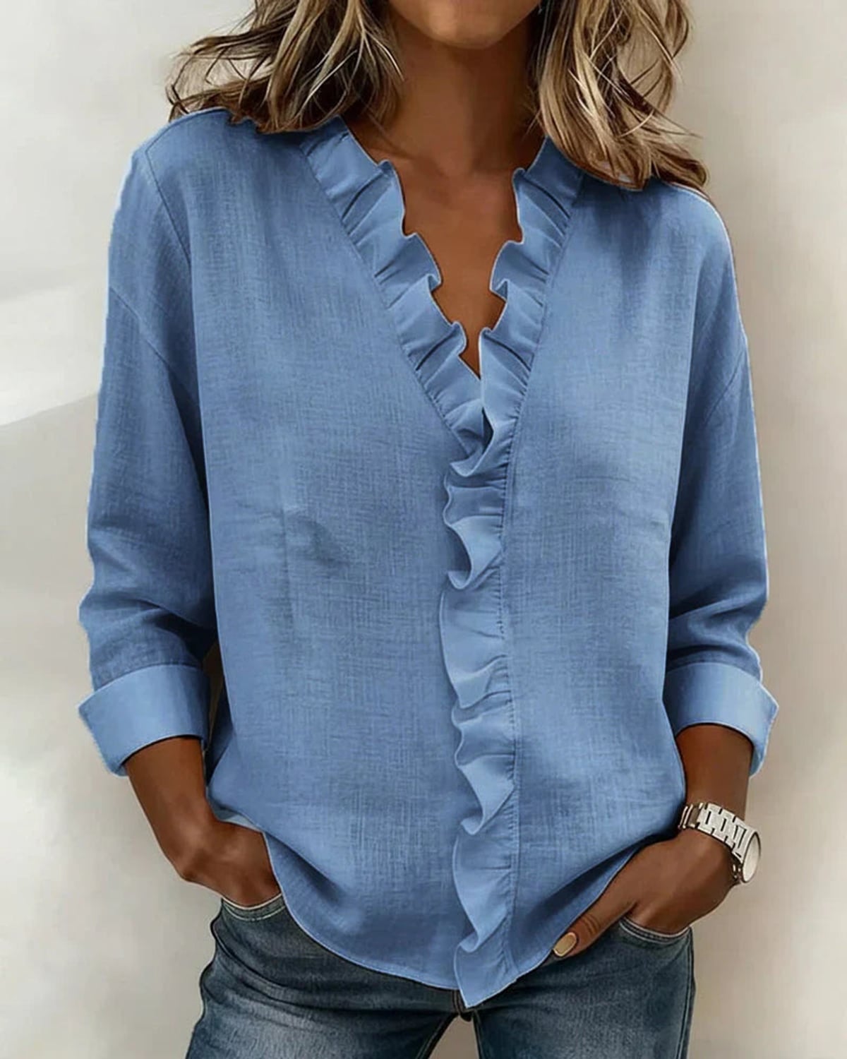 blouse femme col en v à volants manches longues en bleu