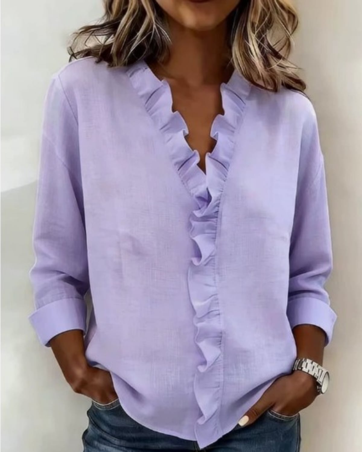 blouse femme col en v à volants manches longues en violet