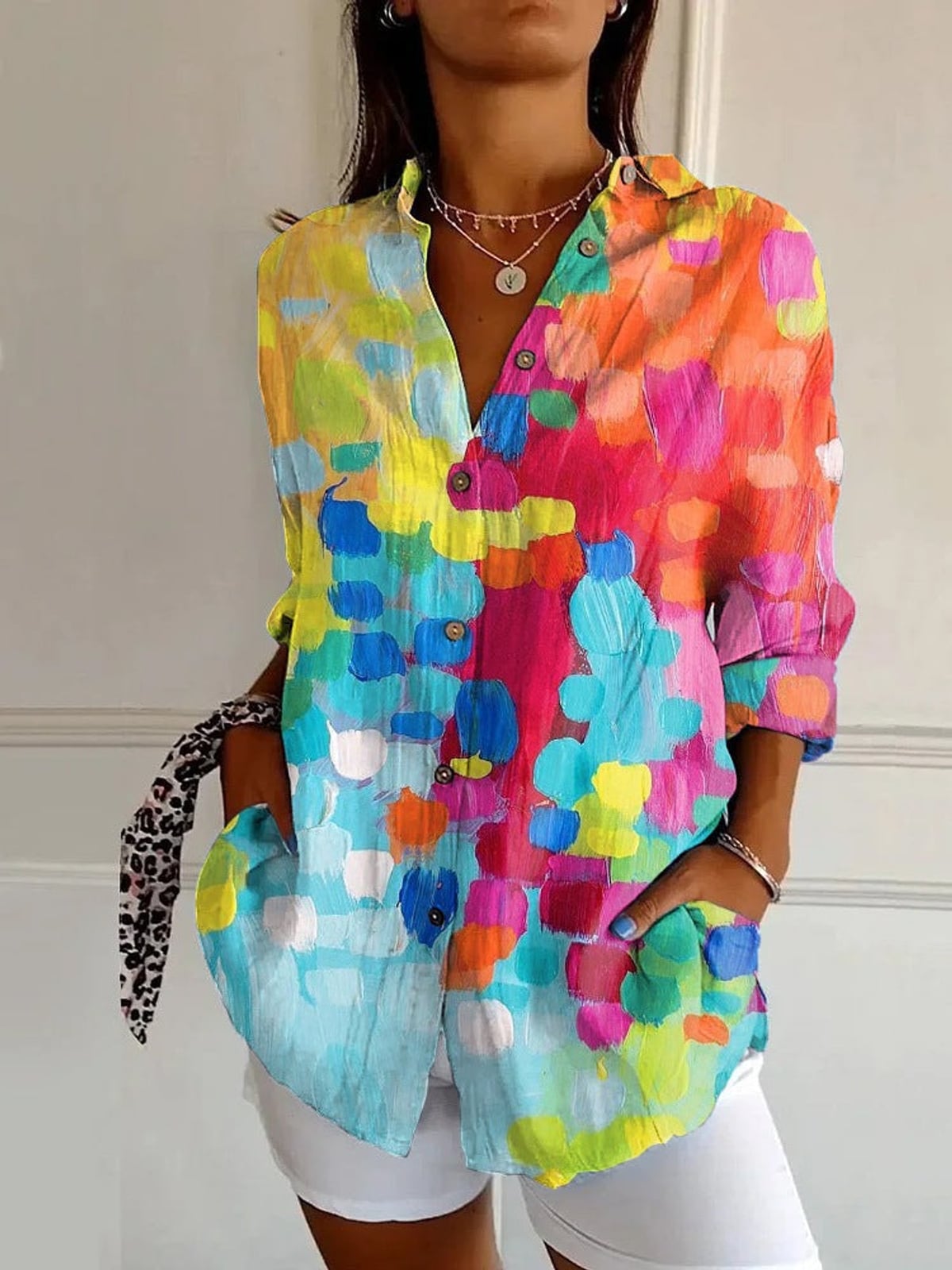 blouse femme imprimé géométrique manches longues en multicolore 3