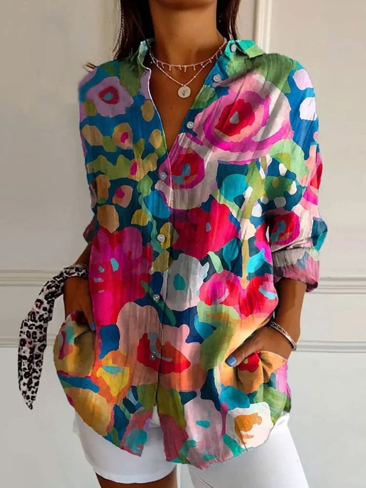 blouse femme imprimé géométrique manches longues en multicolore 2
