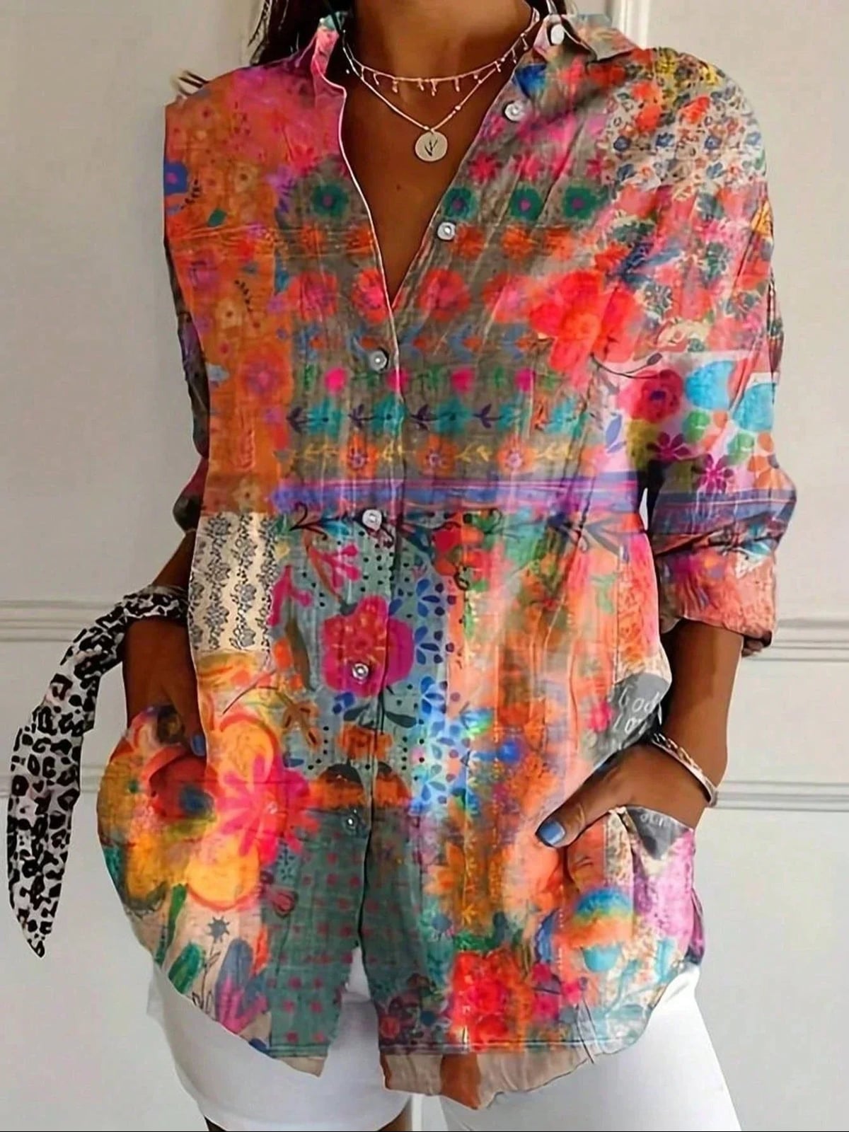 blouse femme manches longues imprimé fleuri en orange