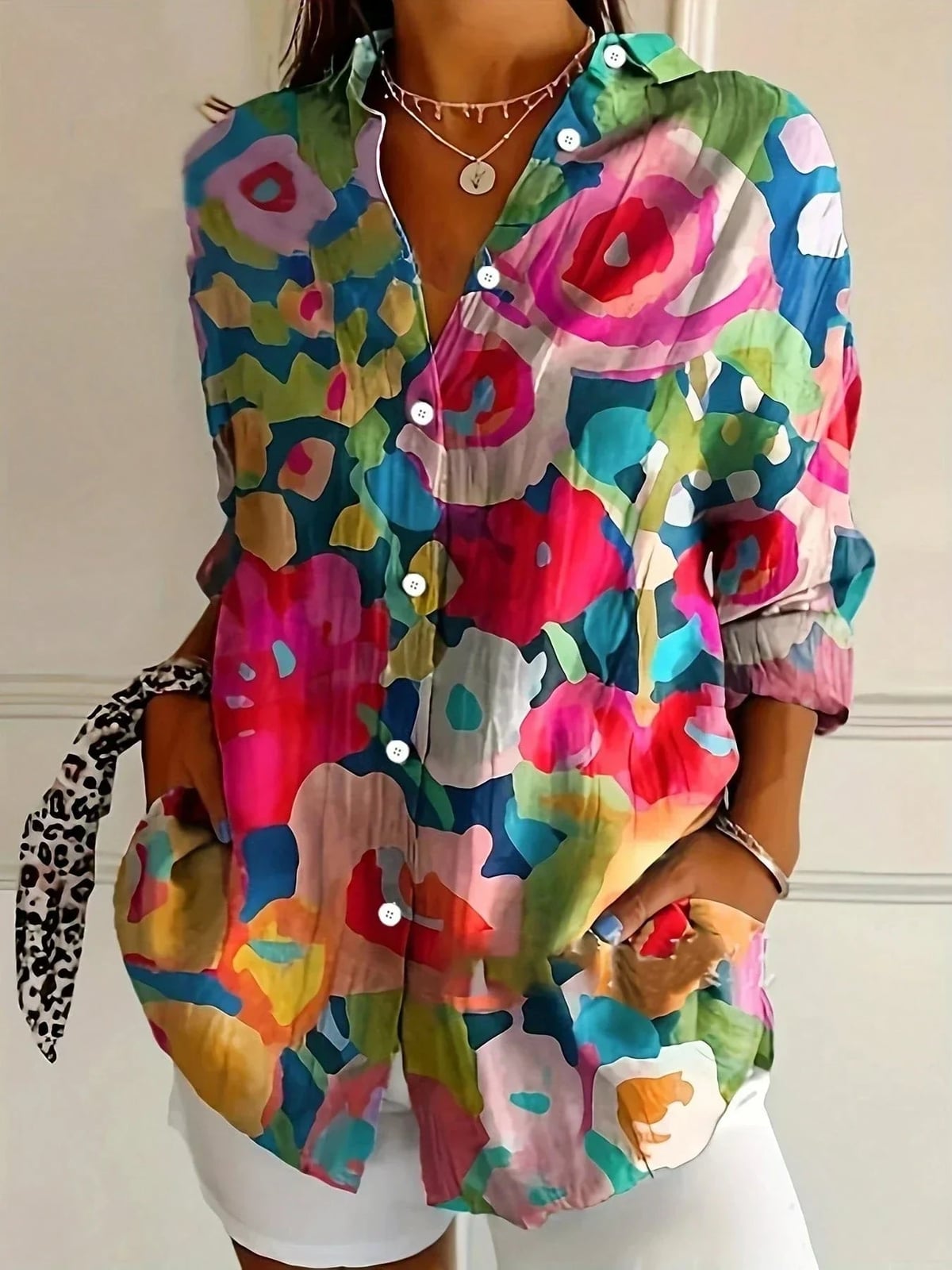 blouse femme manches longues imprimé fleuri en Multicolore1
