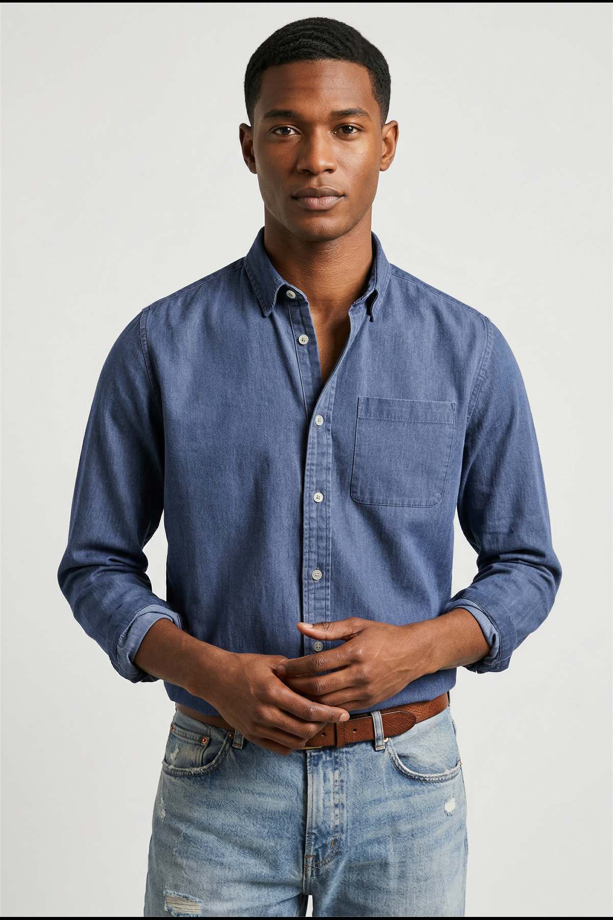 chemise homme col boutonné manches longues en bleu