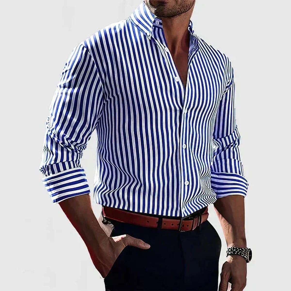 chemise homme coupe ajustée rayures manches longues en bleu foncé