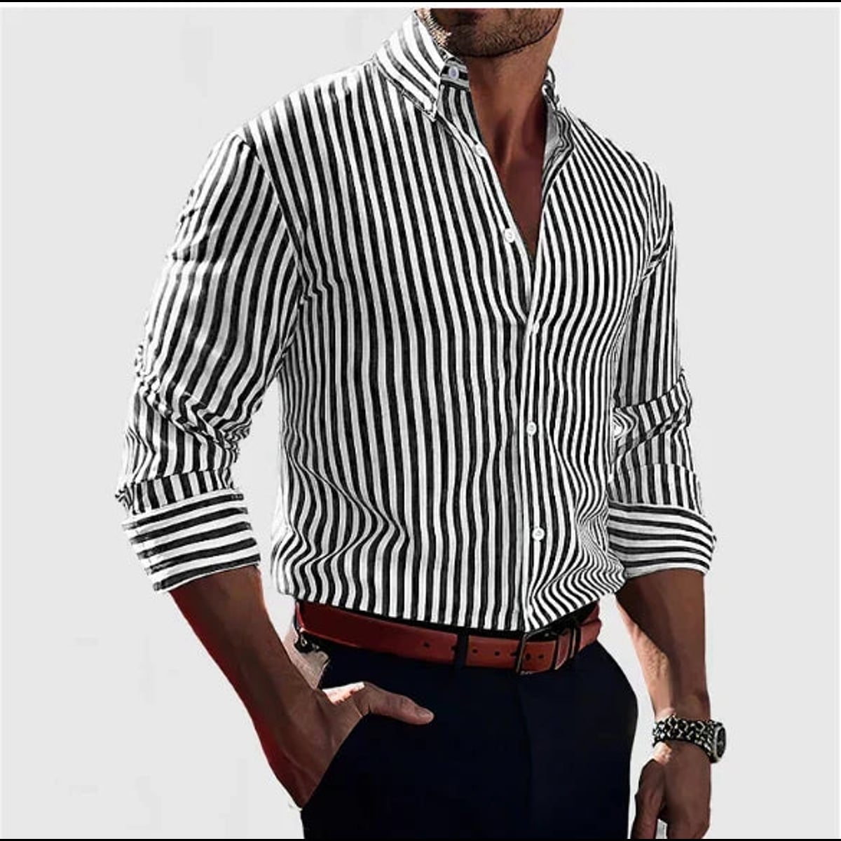 chemise homme coupe ajustée rayures manches longues en noir