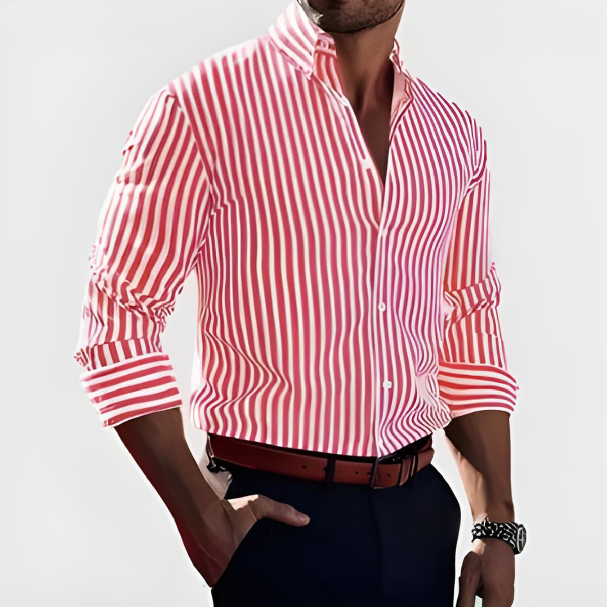 chemise homme coupe ajustée rayures manches longues en rouge