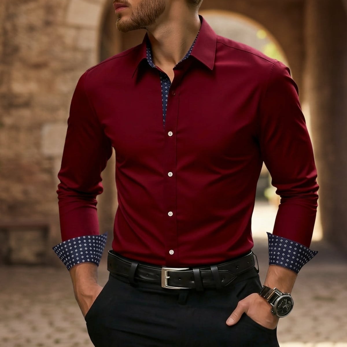 chemise homme luxe coupe slim manches longues en rouge