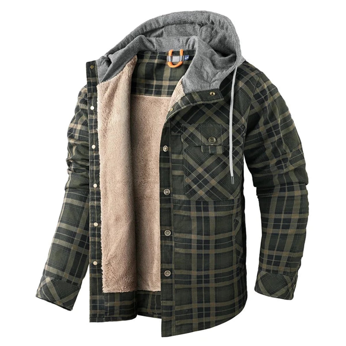 chemise veste homme à capuche doublée manches longues en vert olive