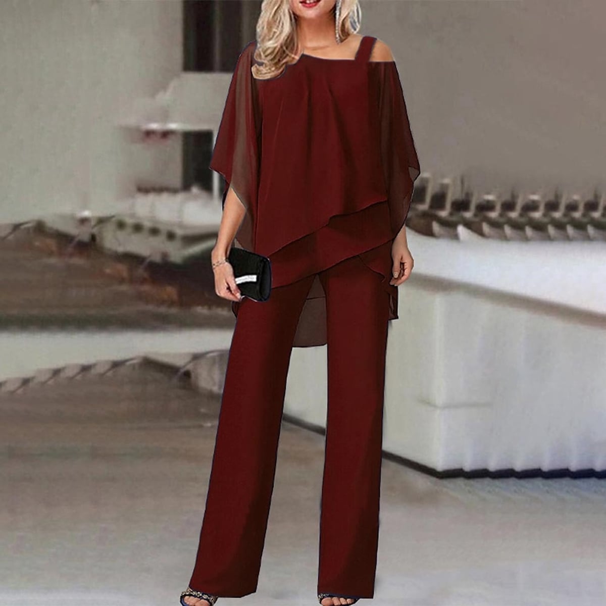 combinaison pantalon femme col asymétrique voilé en bordeaux