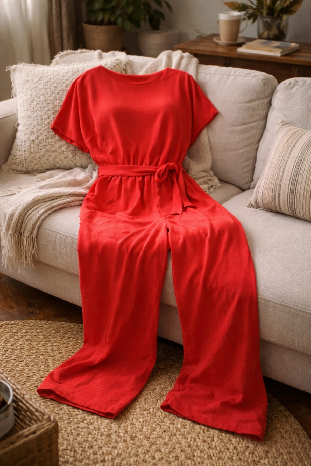 combinaison pantalon femme manches courtes ceinturée en rouge