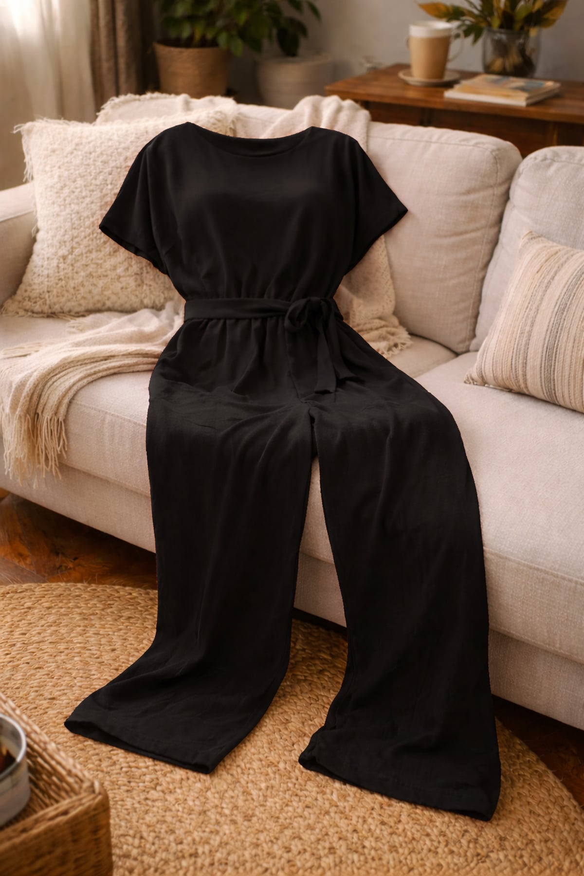 combinaison pantalon femme manches courtes ceinturée en noir