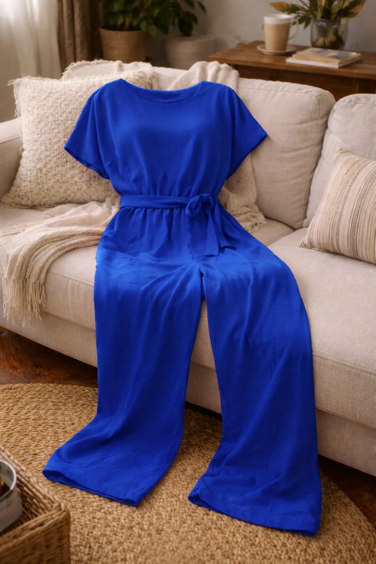 combinaison pantalon femme manches courtes ceinturée en bleu