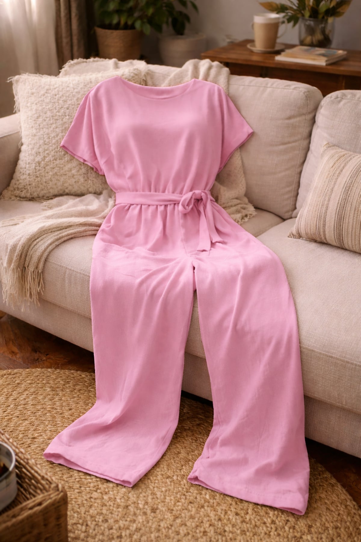 combinaison pantalon femme manches courtes ceinturée en rose