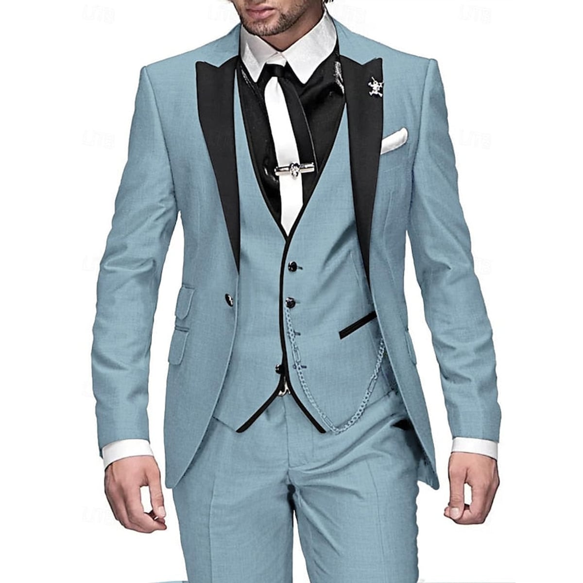 costume 3 pièces homme coupe slim revers satin en bleu clair