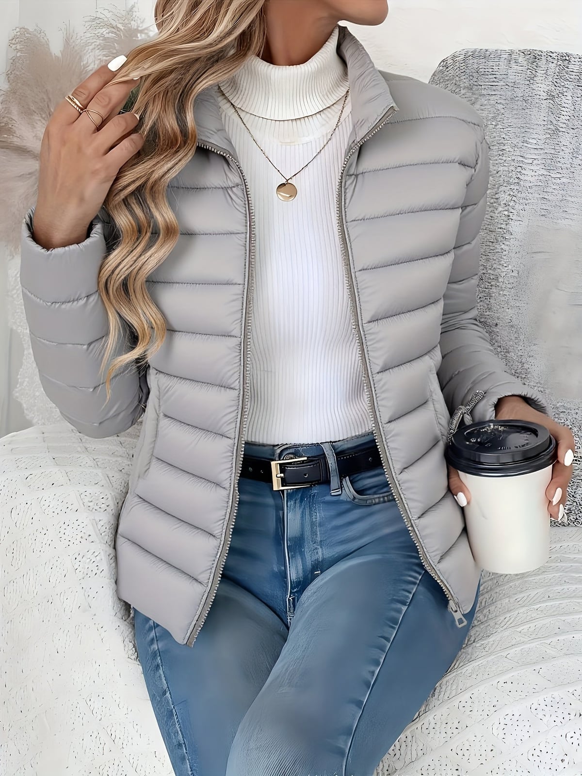 doudoune femme col montant coupe ajustée en gris