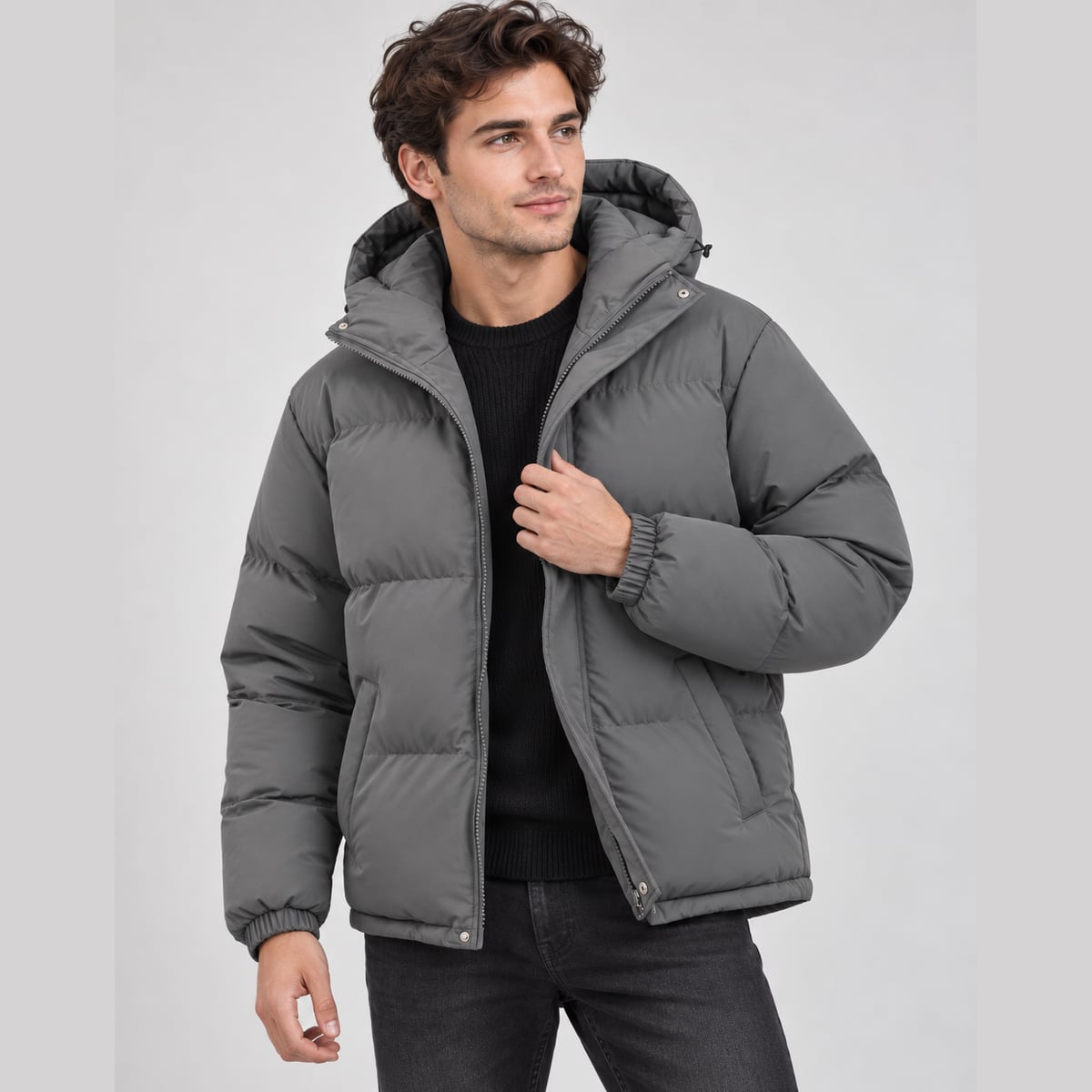 doudoune homme oversize à capuche en gris foncé