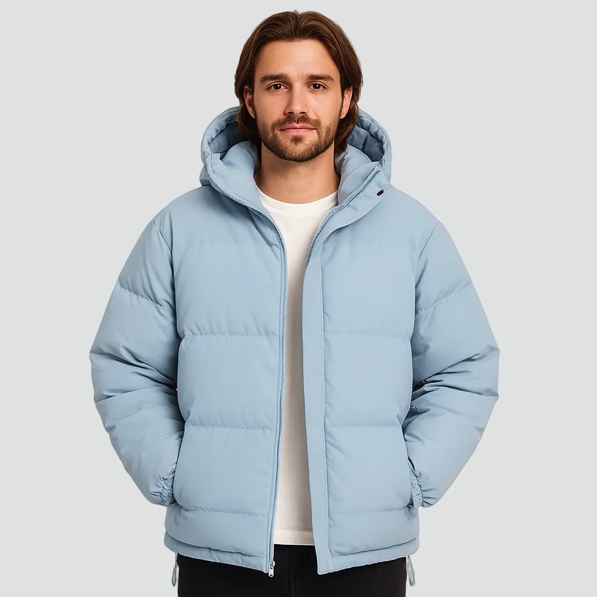 doudoune homme oversize à capuche en bleu clair