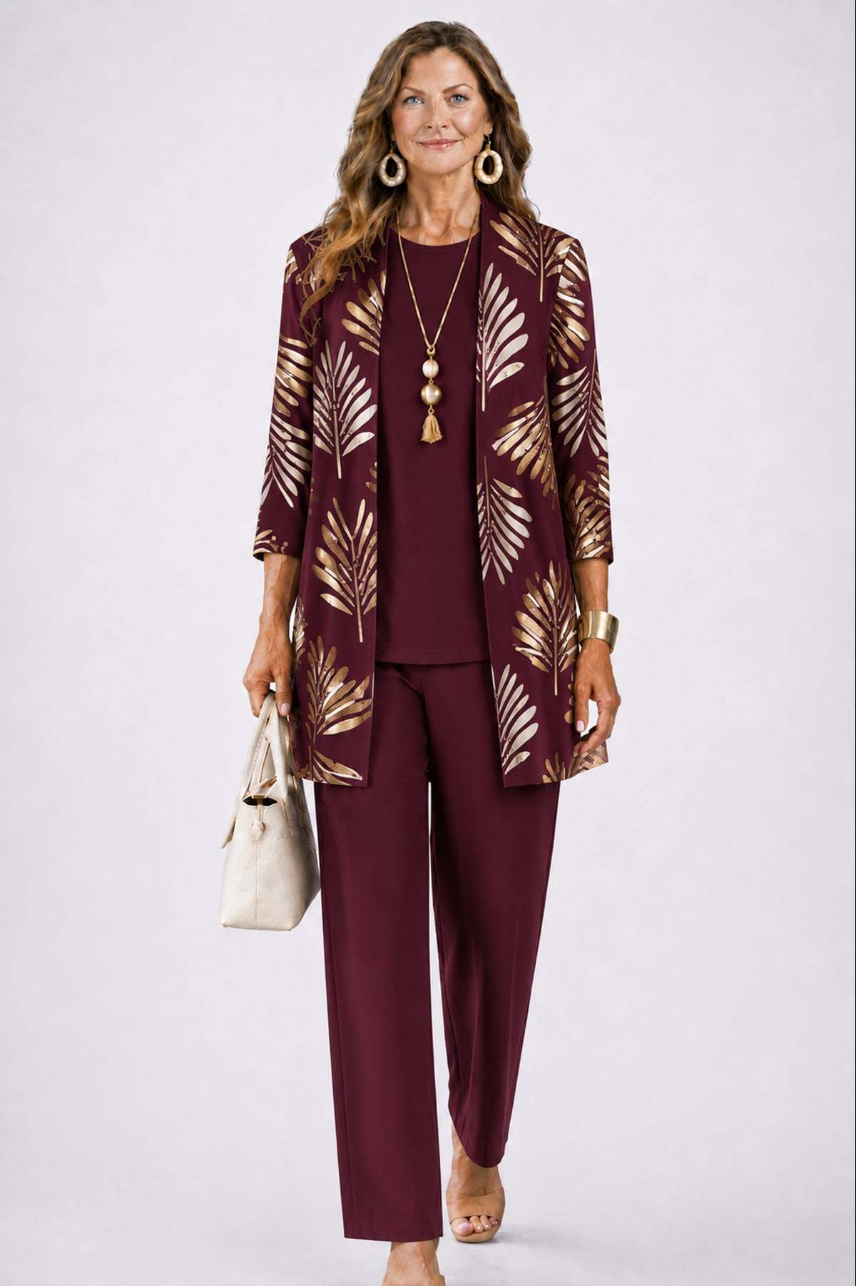 ensemble 3 pièces femme pantalon imprimé cardigan long en bordeaux fleuri