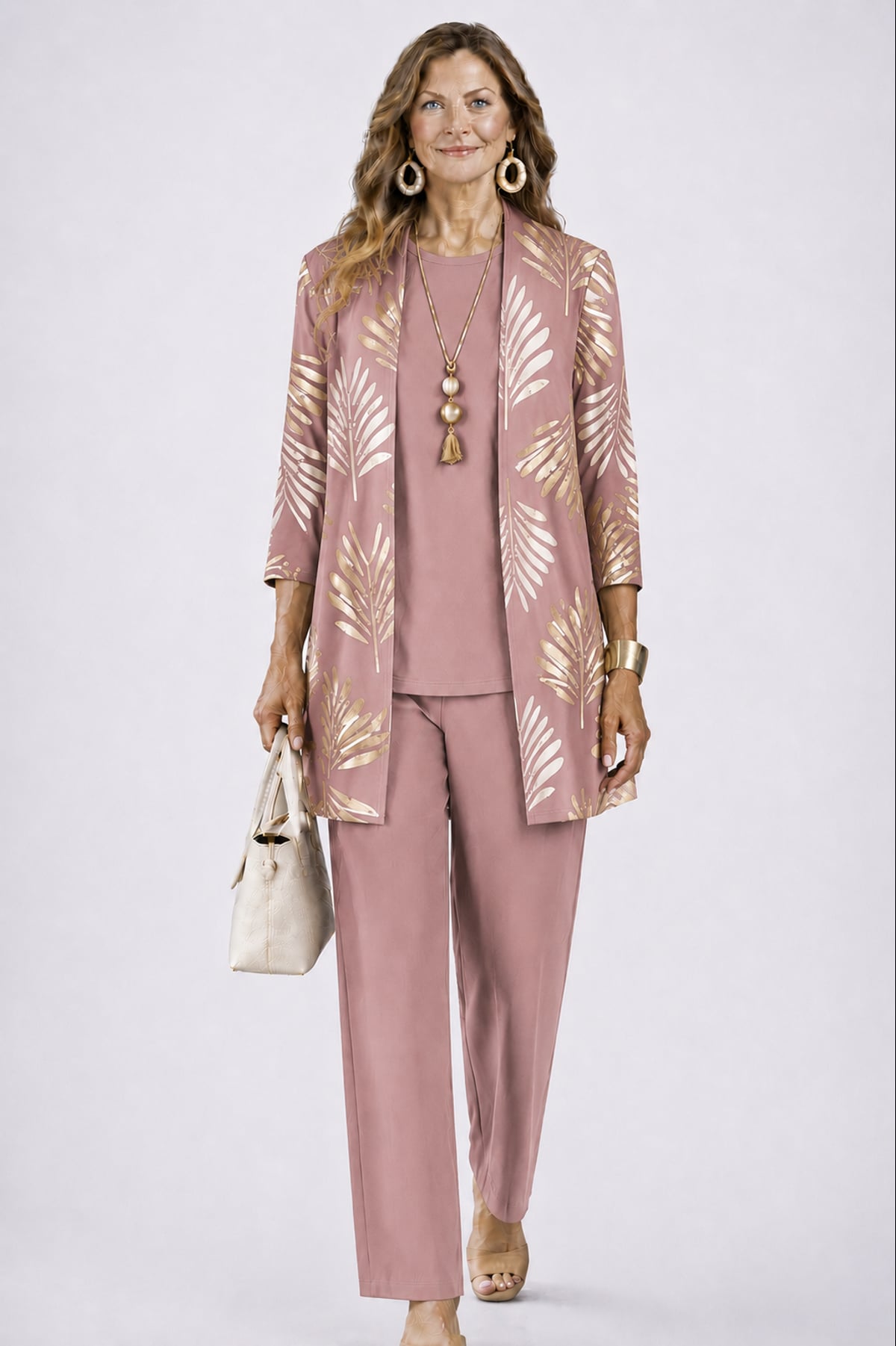 ensemble 3 pièces femme pantalon imprimé cardigan long en rose poudré