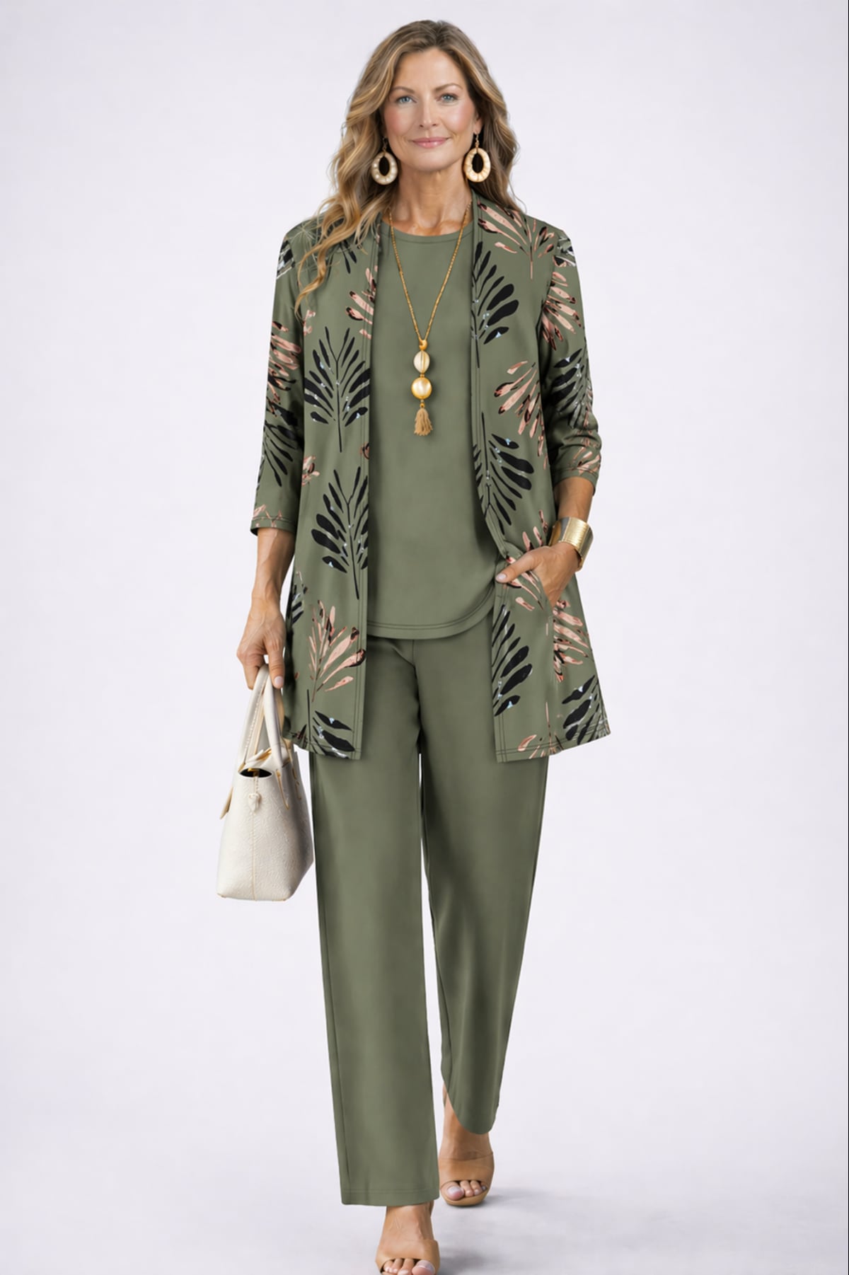 ensemble 3 pièces femme pantalon imprimé cardigan long en vert
