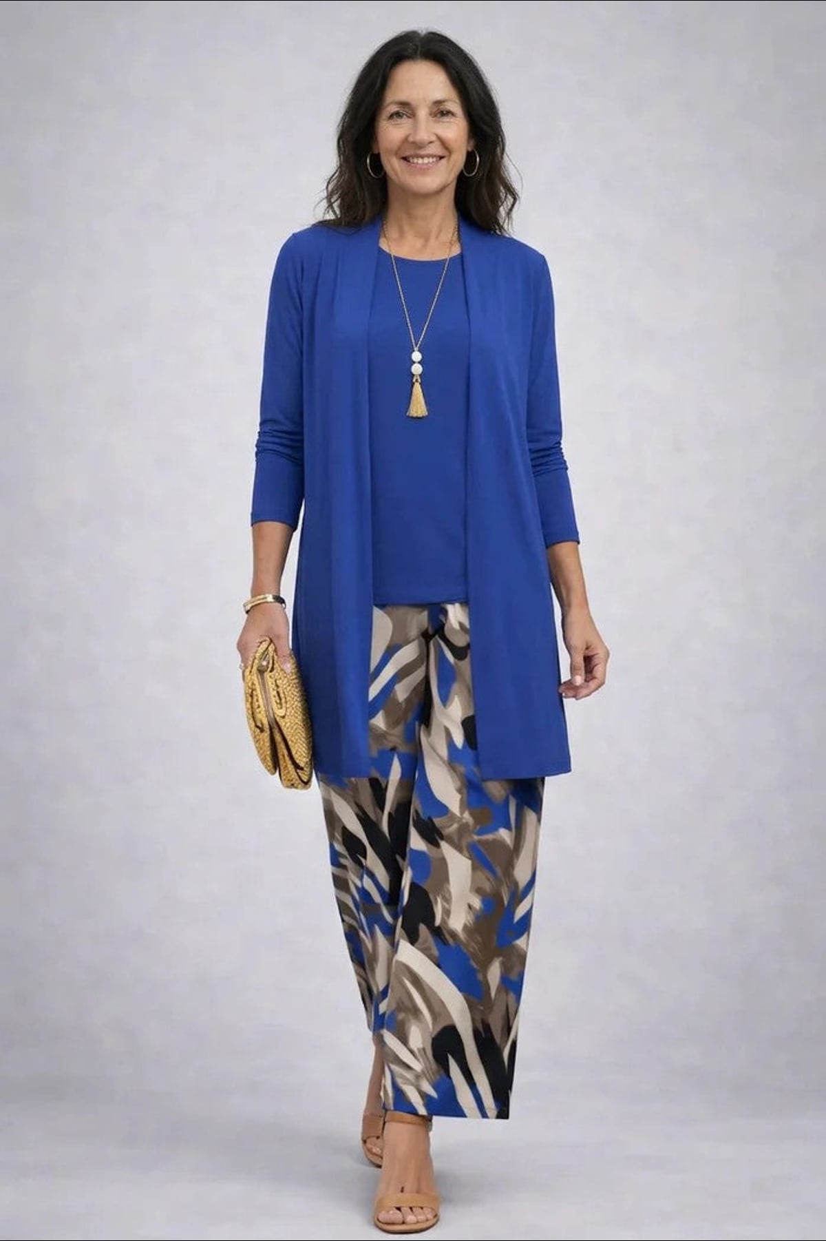 ensemble 3 pièces femme pantalon imprimé cardigan long en bleu