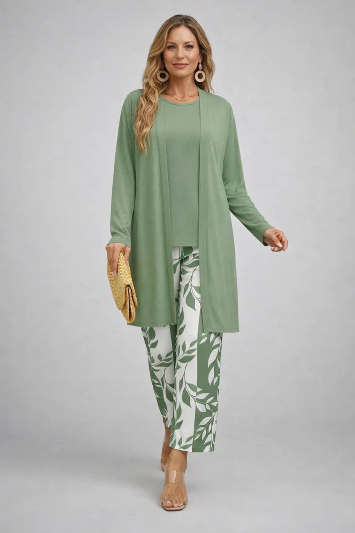ensemble 3 pièces femme pantalon imprimé cardigan long en vert & blanc
