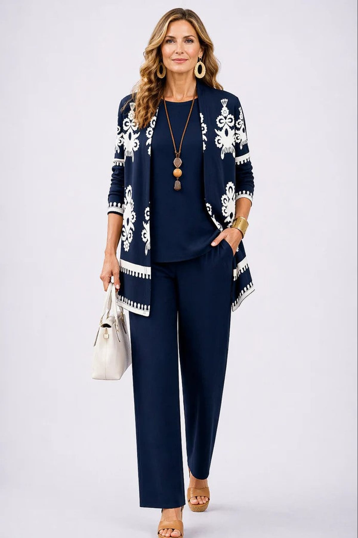 ensemble 3 pièces femme pantalon imprimé cardigan long en minuit fleuri