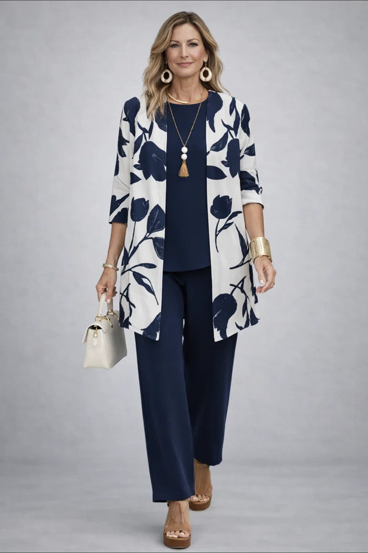 ensemble 3 pièces femme pantalon imprimé cardigan long en saphir fleuri