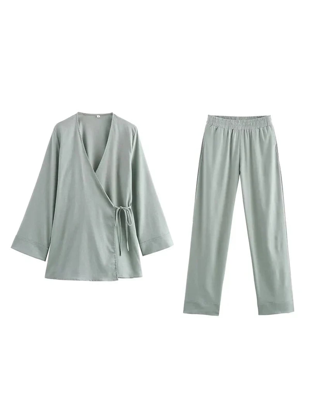 ensemble femme pantalon large et kimono en vert sauge