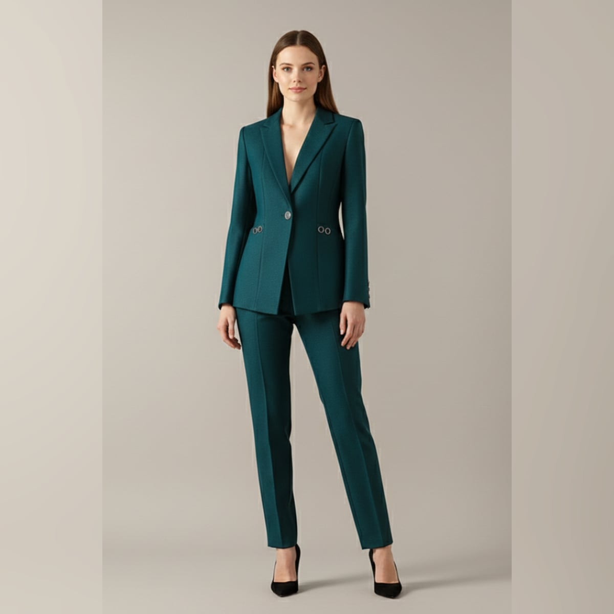 ensemble tailleur femme blazer et pantalon droit en sarcelle