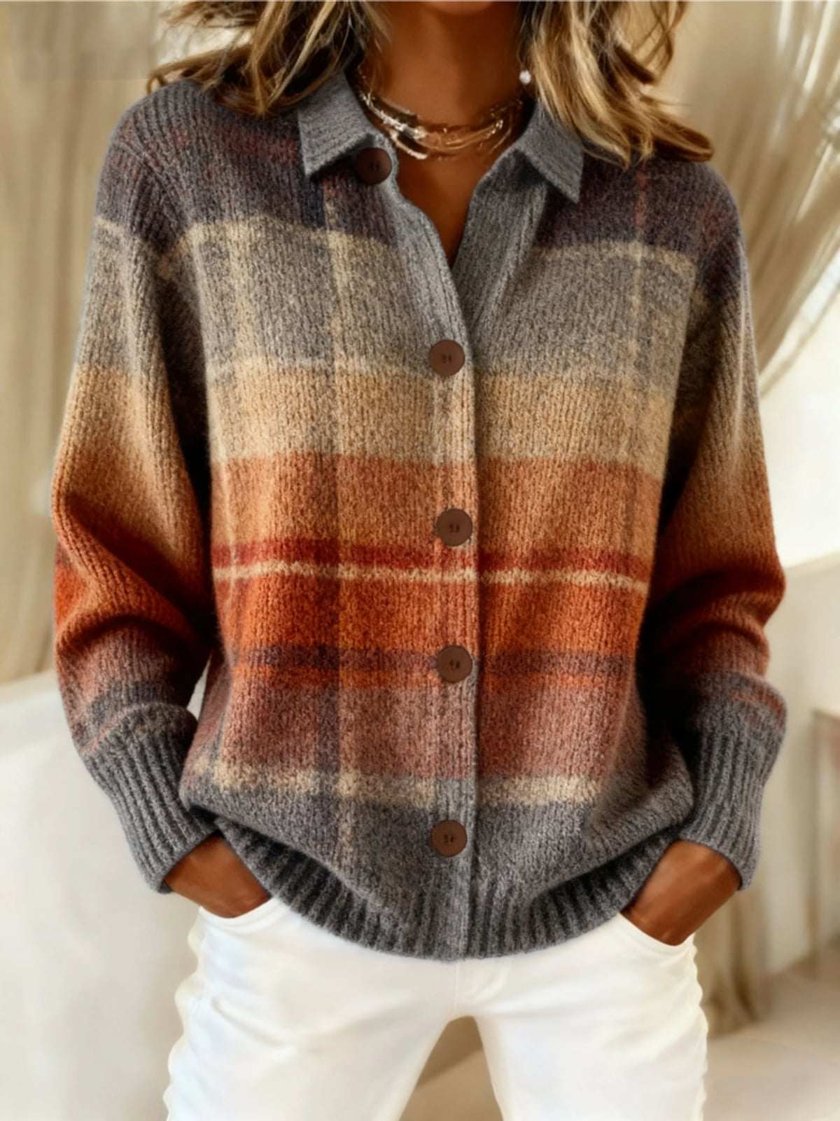 gilet femme col chemise à carreaux boutonné en marron clair