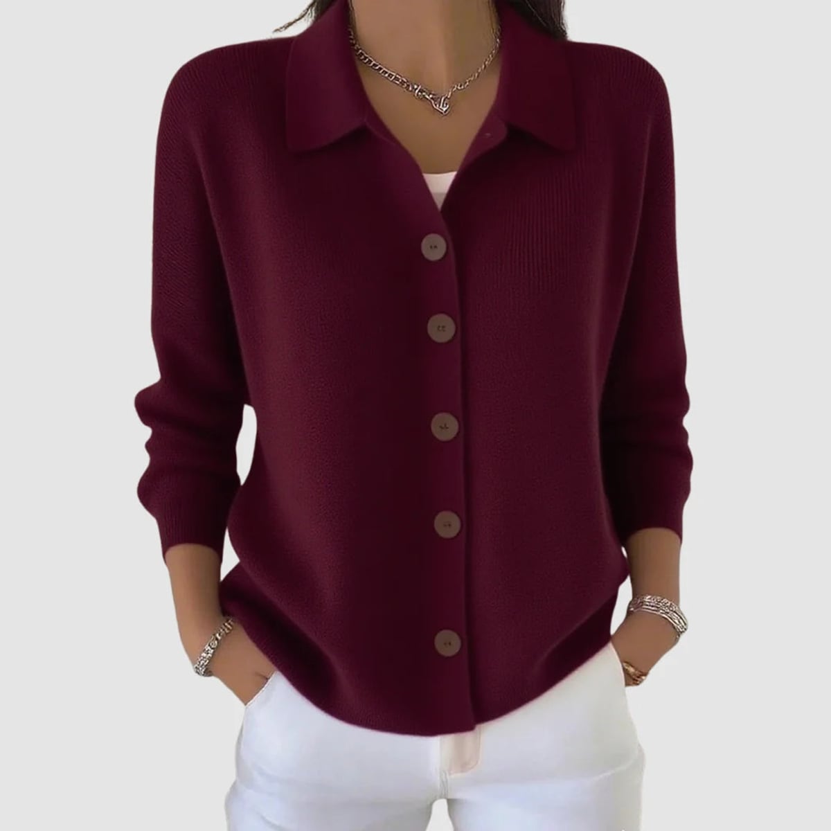 gilet femme col polo boutons manches longues en rouge bordeaux