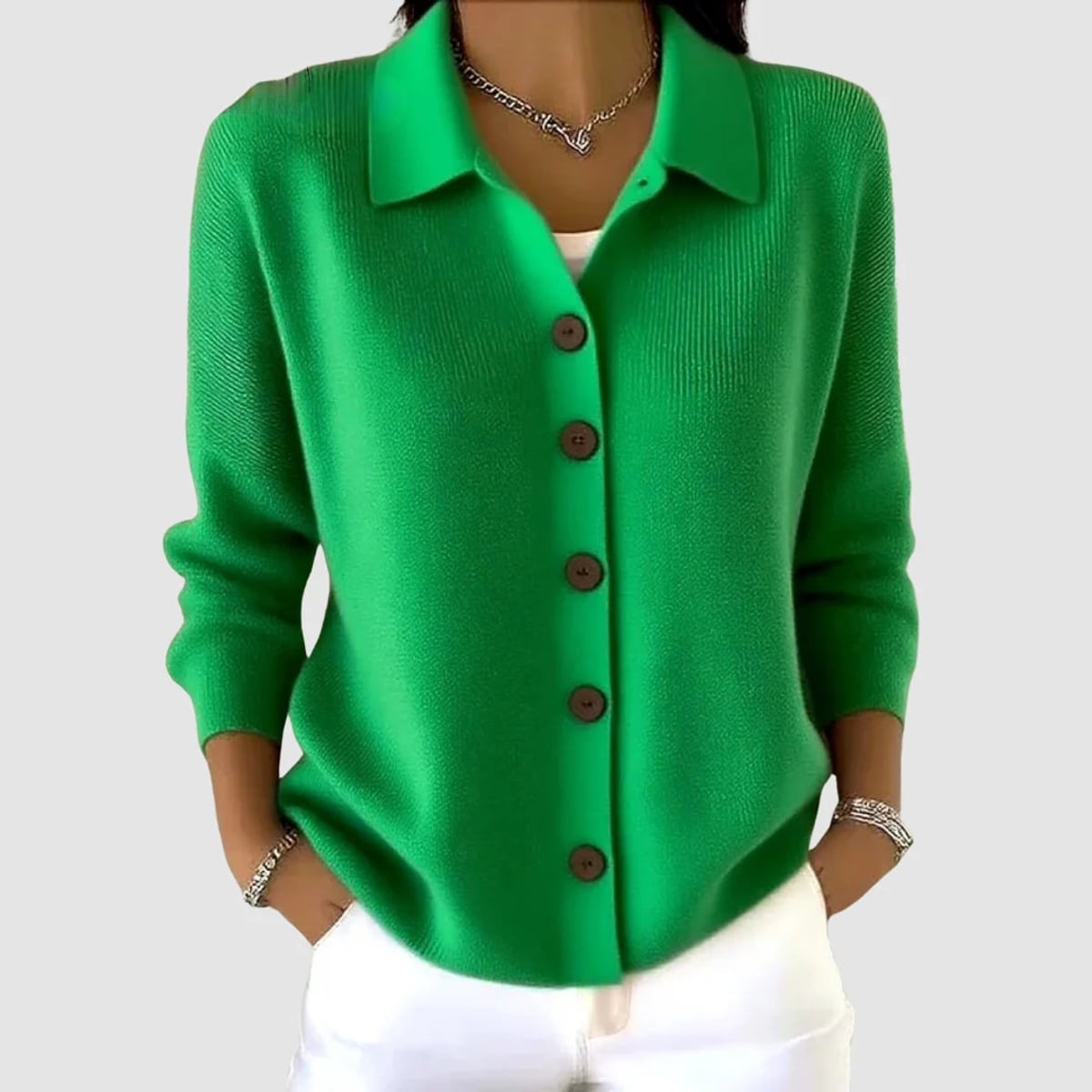 gilet femme col polo boutons manches longues en vert