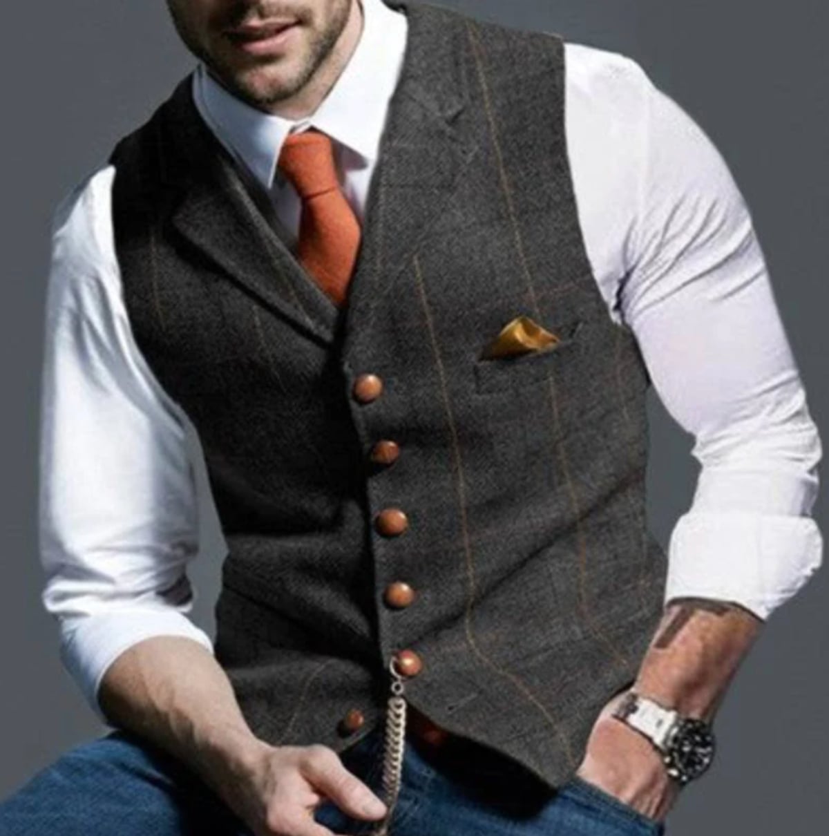 gilet homme col châle sans manches coupe droite en gris fonce