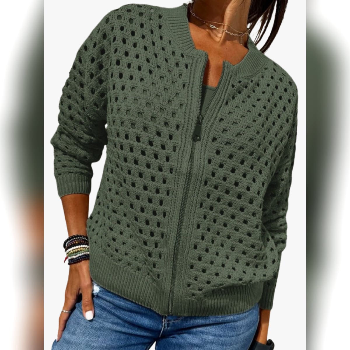 gilet zippé femme col rond maille ajourée