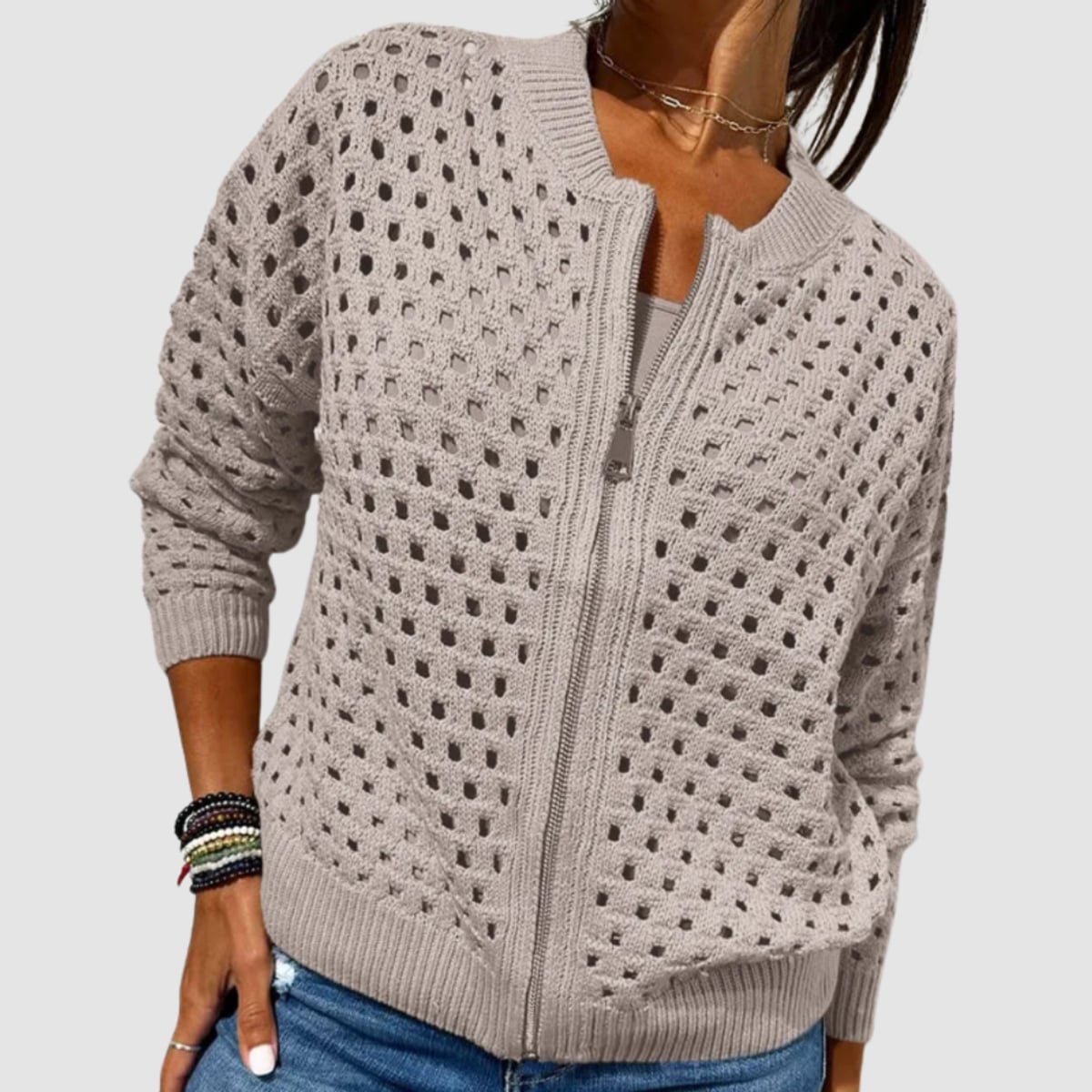 gilet zippé femme col rond maille ajourée en kaki