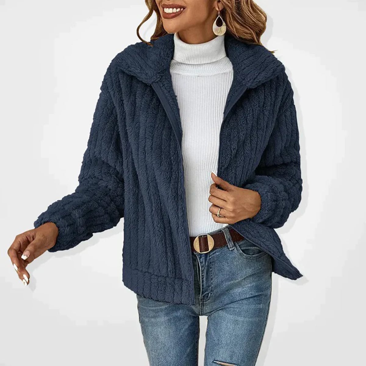 gilet zippé femme coupe longue col rabattu en bleu marine