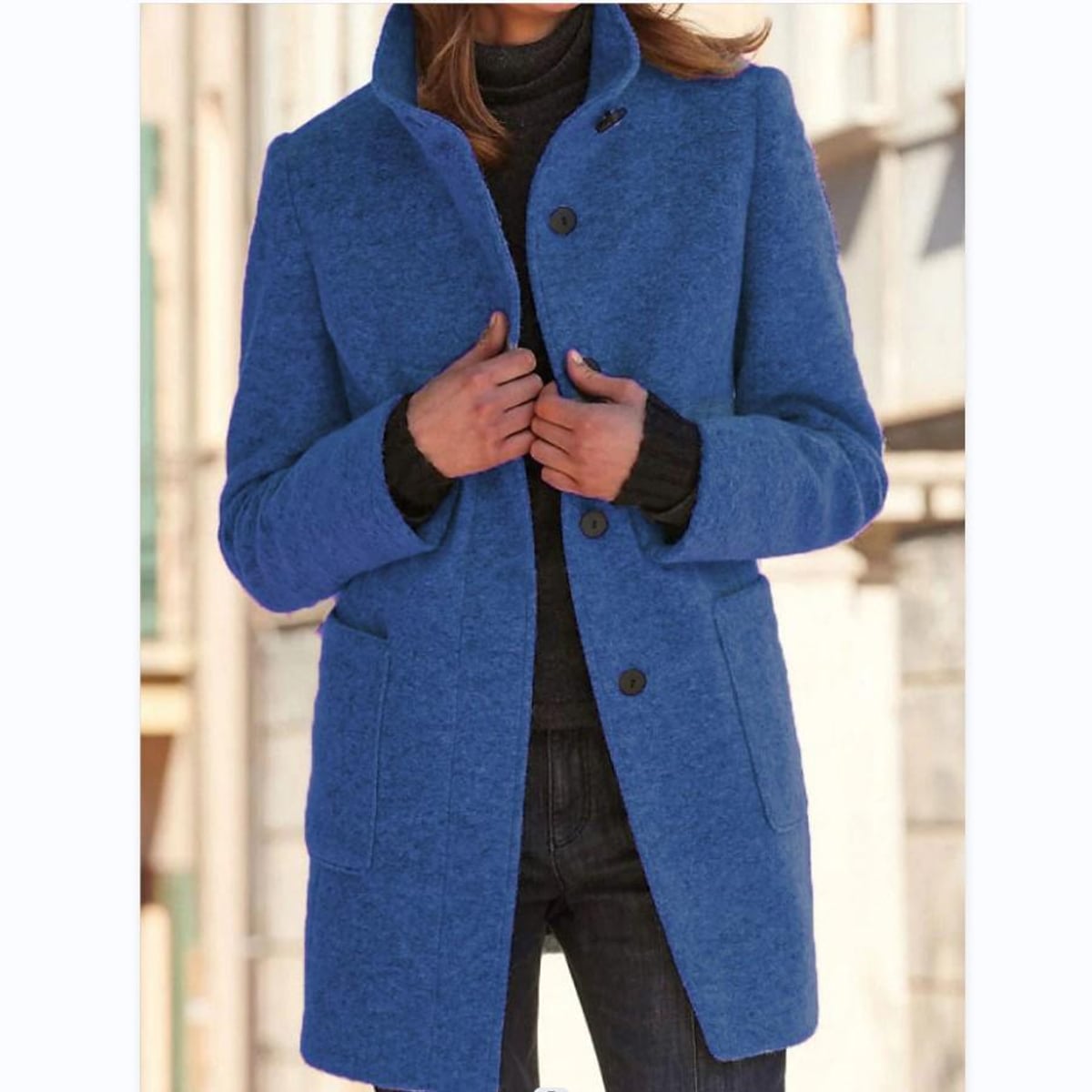 manteau femme col montant coupe droite en bleu marine