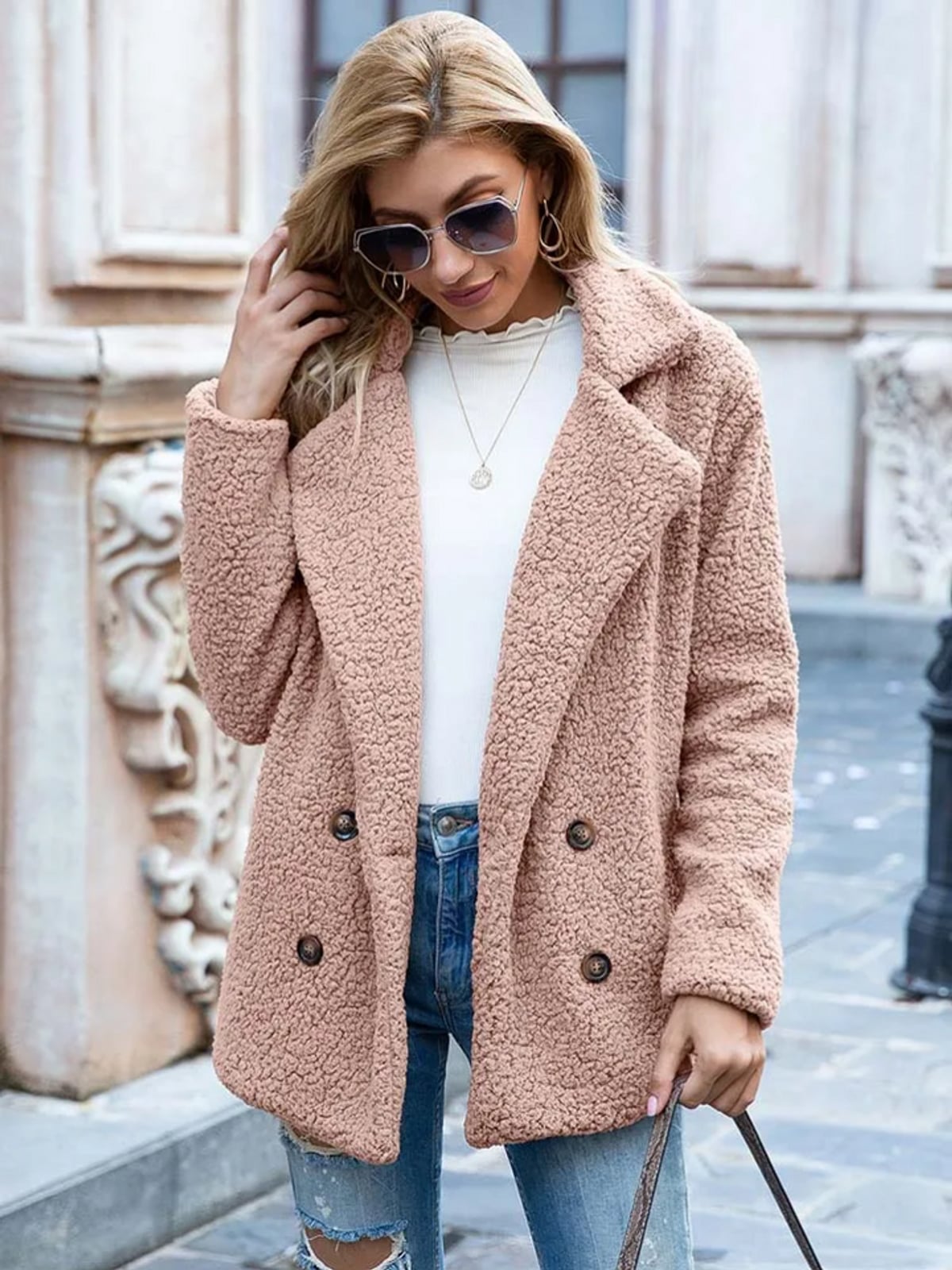 manteau femme coupe droite col cranté en rose