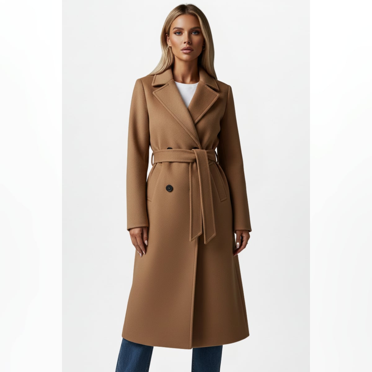 manteau femme long ceinturé croisé en camel