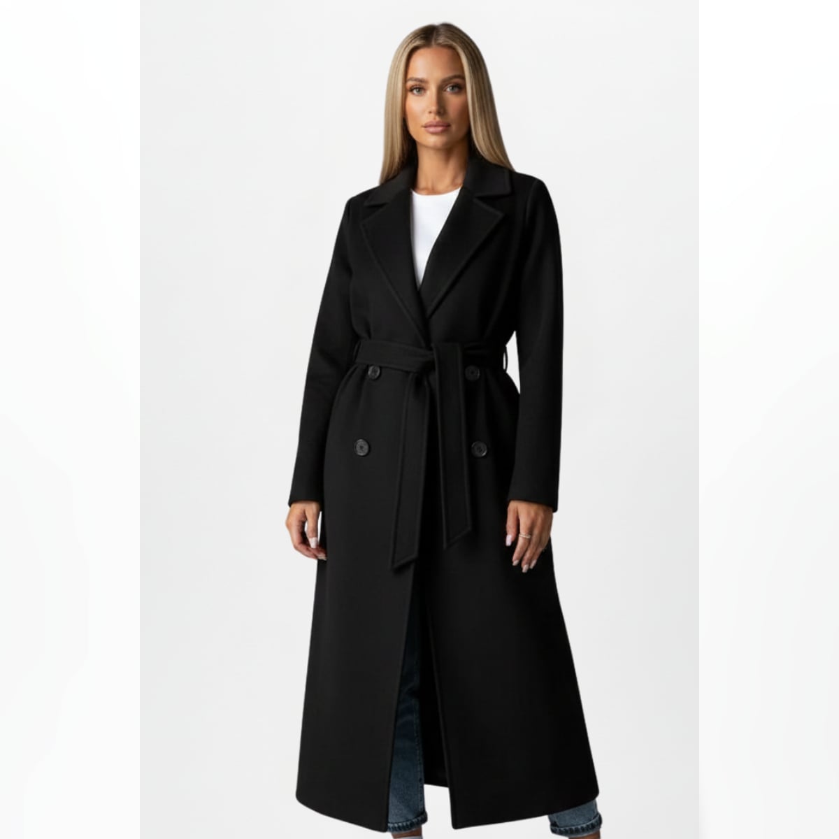 manteau femme long ceinturé croisé en noir