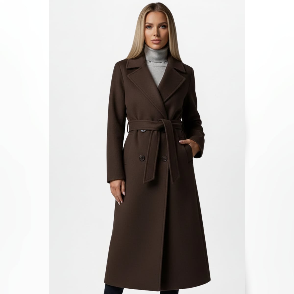 manteau femme long ceinturé croisé en marron chocolat